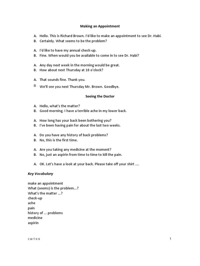 Making An Appointment Key Vocabulary PDF Medicine