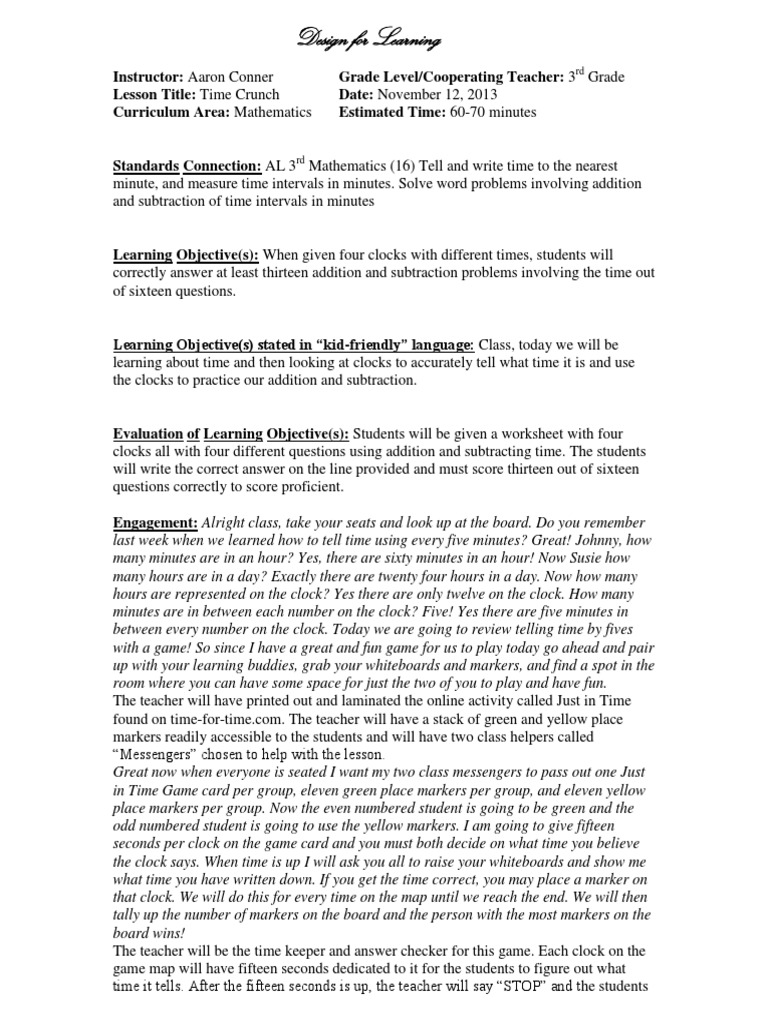 worksheet Subtracting Time math lesson plan 1 clock time
