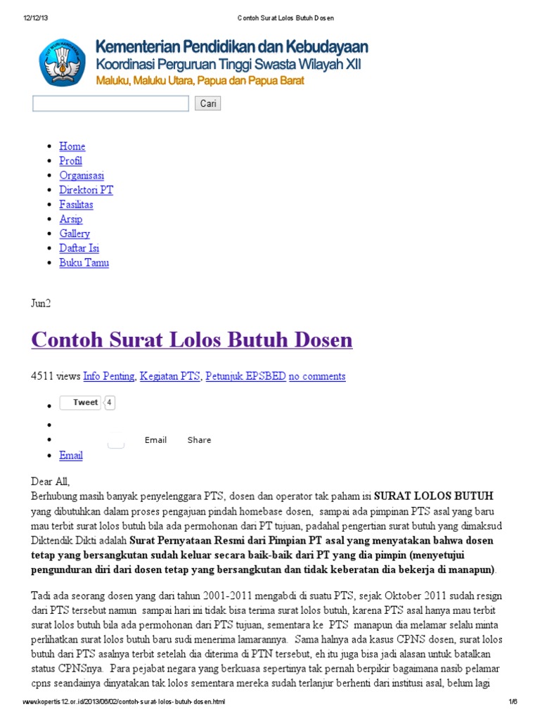 Contoh Surat Lolos Butuh Dosen