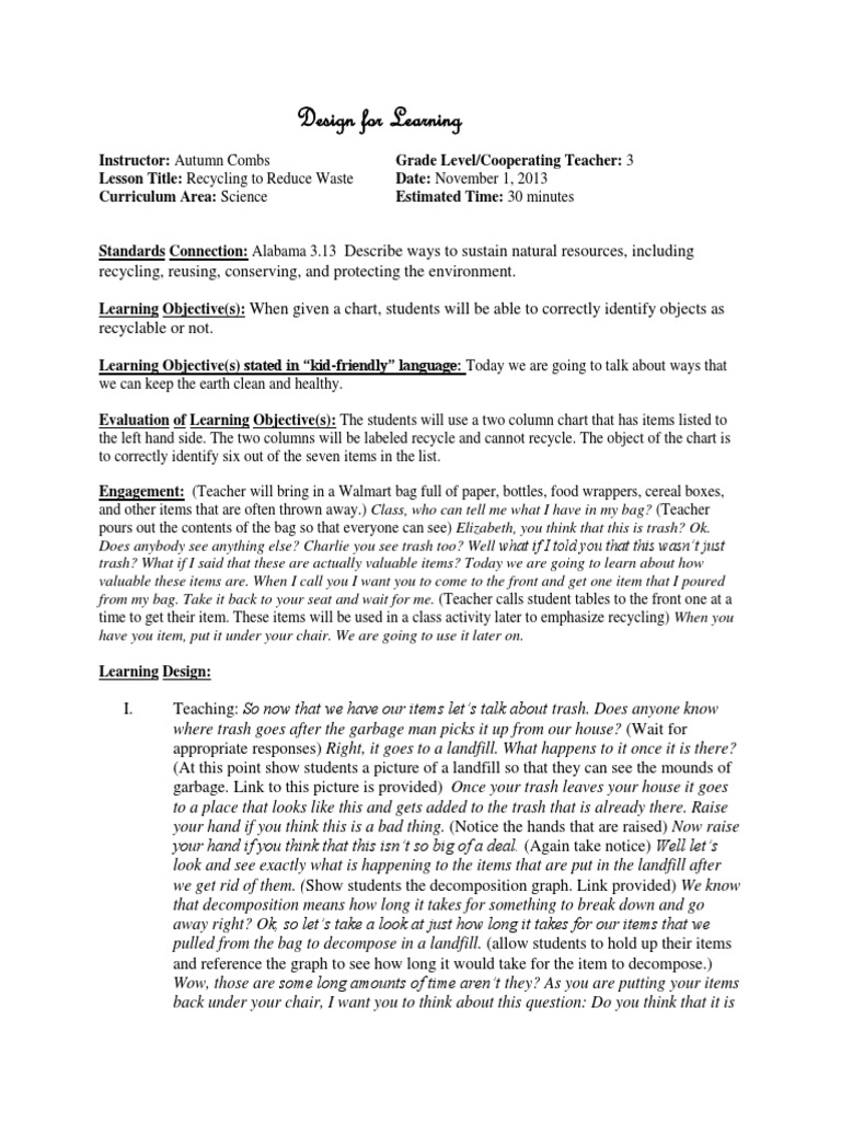 Recycling Lesson Plan for 3rd Grade | PDF | Recycling | Waste