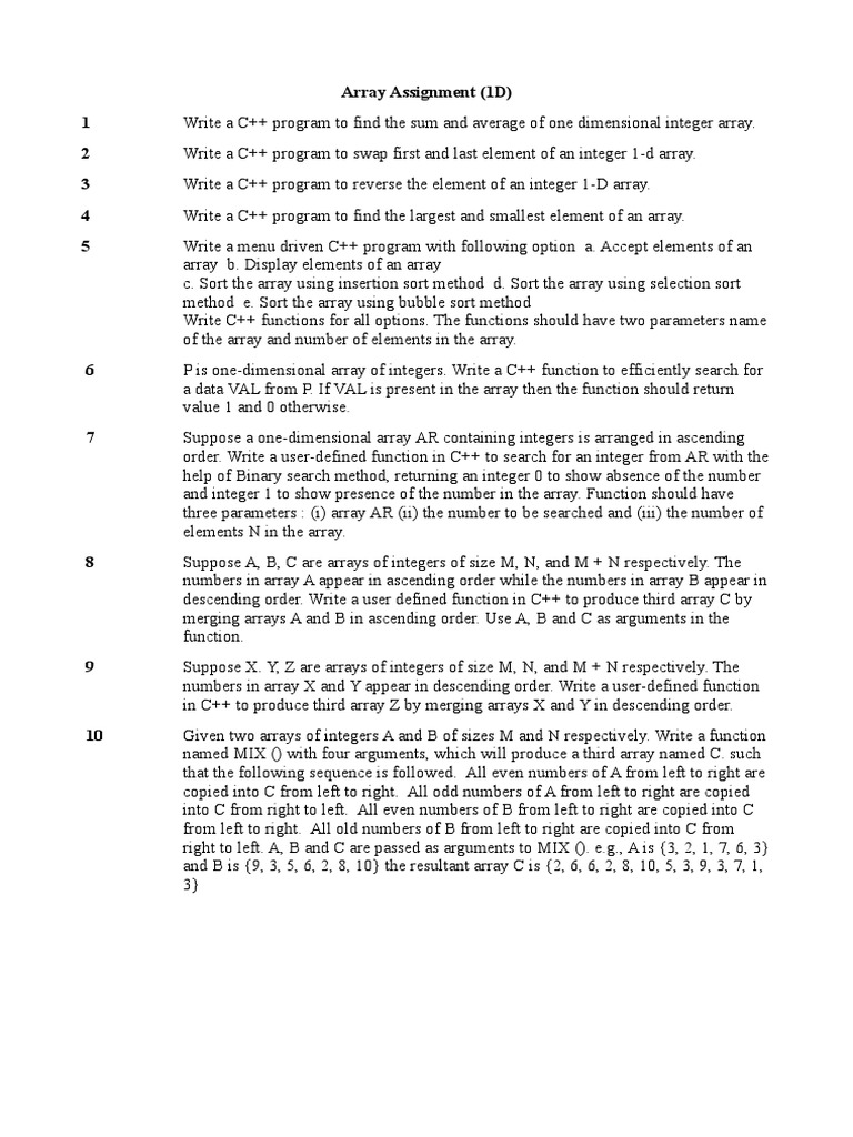 Array Assignment 1D | PDF | Array Data Structure | C++