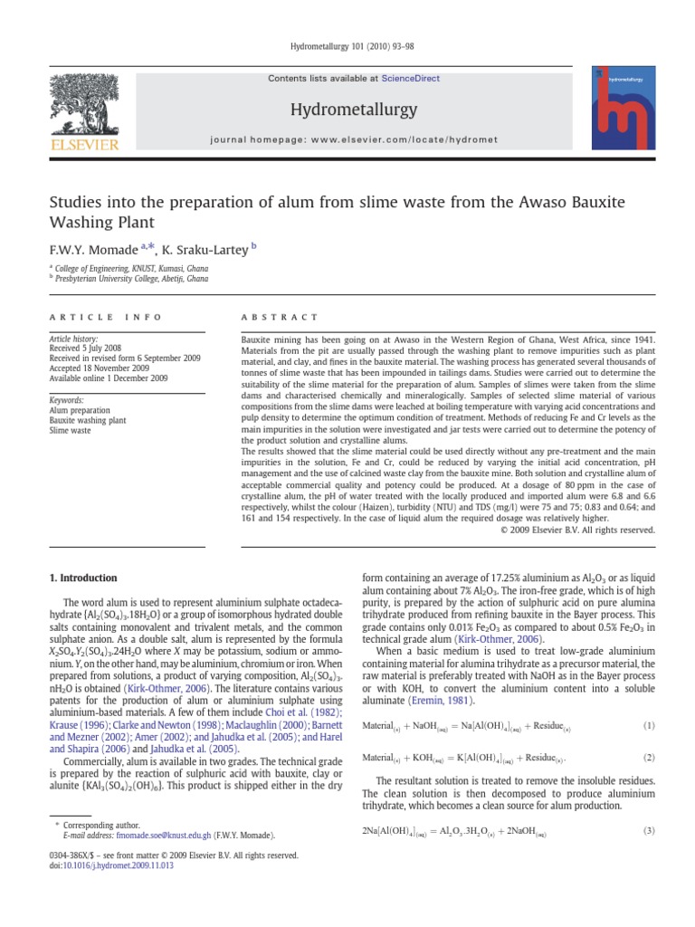 Studies Into The Preparation of Alum From Slime Waste From The Awaso ...