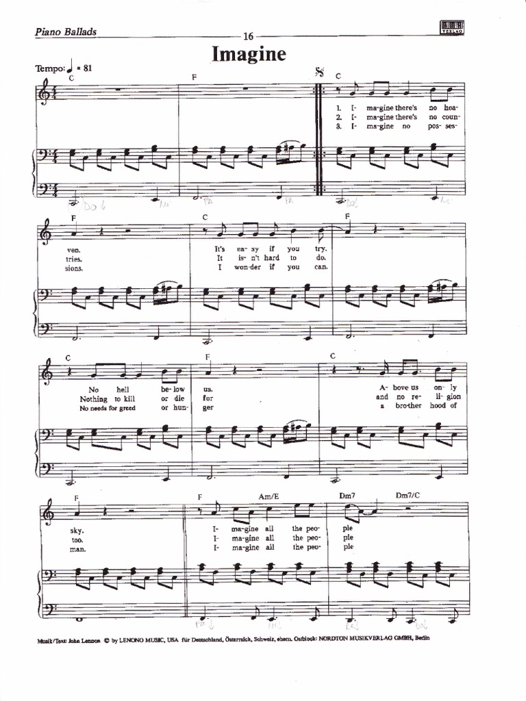 Free Printable Imagine Sheet Music Pdf