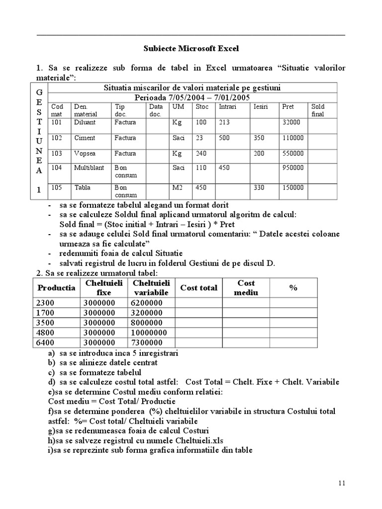 Subiecte Microsoft Excel | PDF