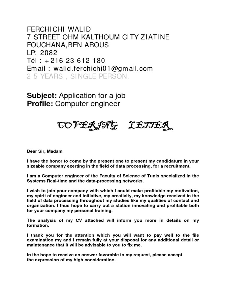 Computer Engineer Job Application Letter | PDF