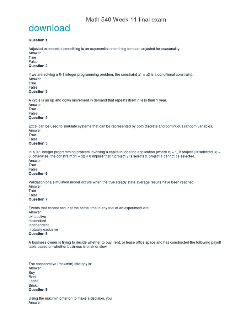 Math 540 Week 11 Final Exam Questions | PDF | Taxes | Warehouse