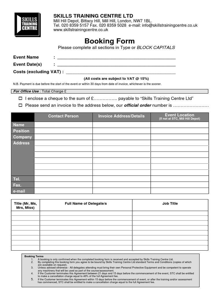 Skills Training Centre Booking Form | PDF