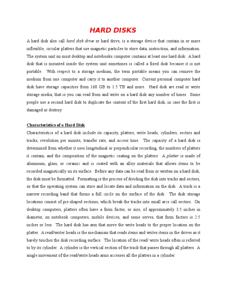Hard Disks Characteristics of A Hard Disk PDF Hard Disk Drive