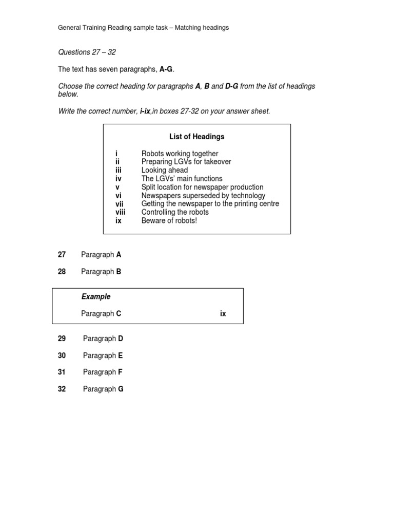 General Training Reading Sample Task - Matching Headings | PDF ...