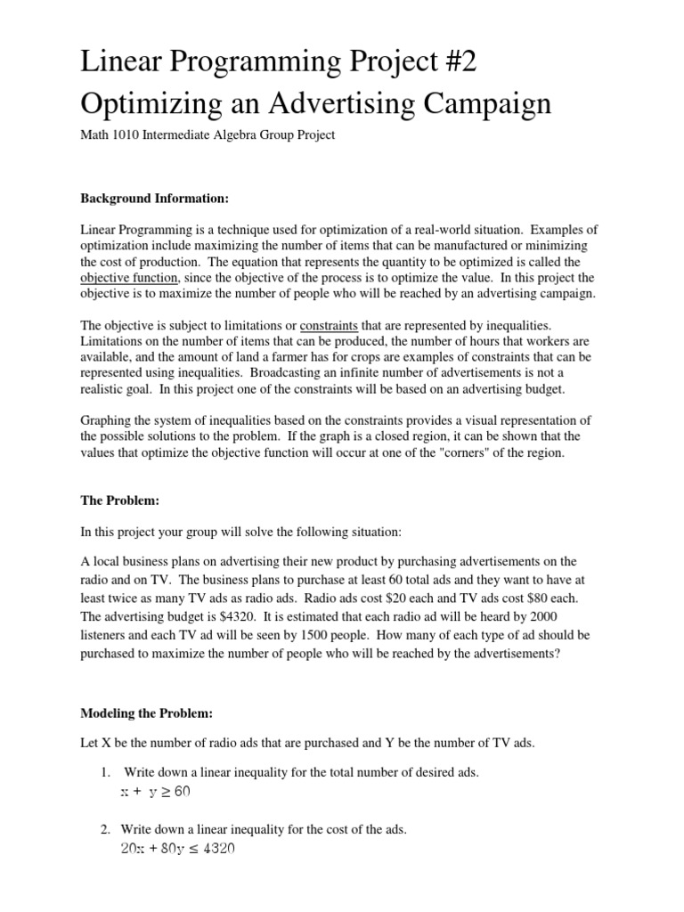 Linear Programming Project Optimizing An Advertising Campaign | PDF ...