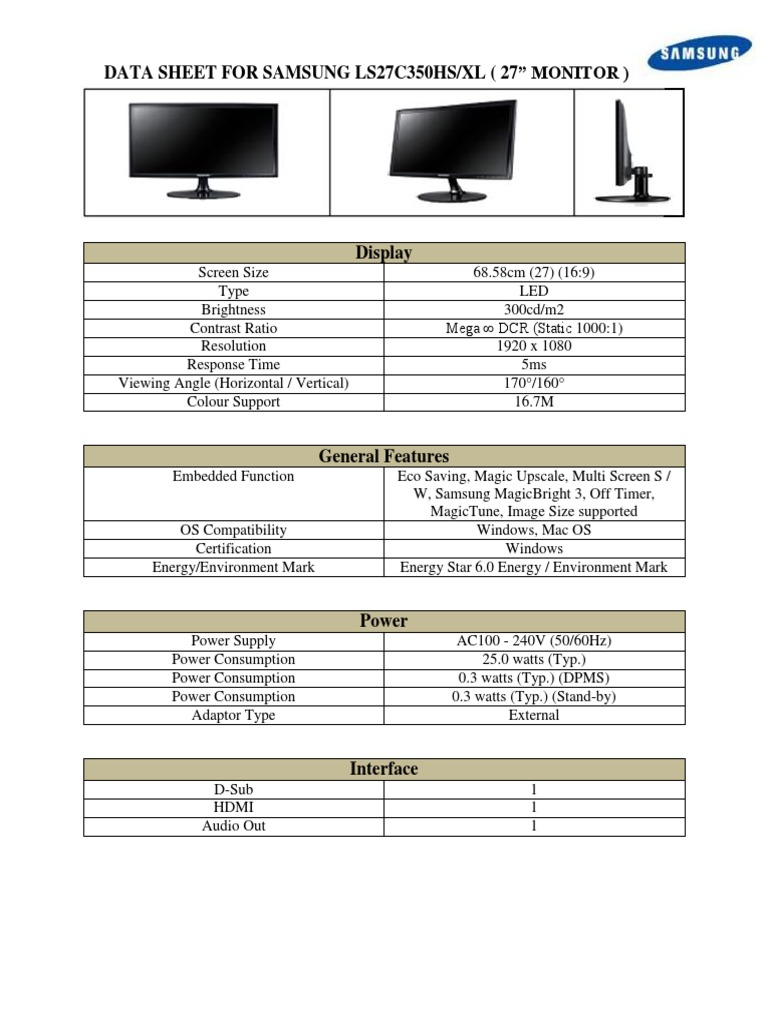 Data Sheet For Samsung LED Monitor LS27C350HS/XL PDF