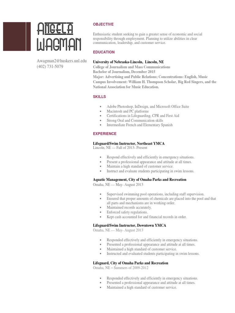 UNL Student Resume: Angela Wagman | PDF