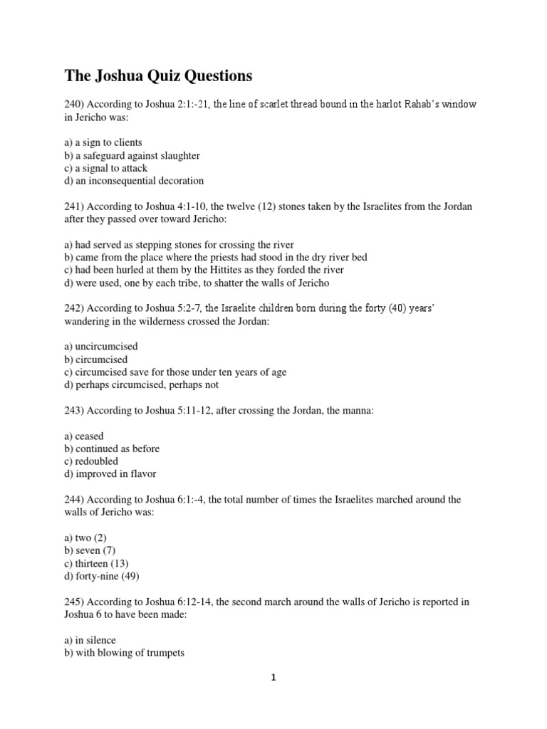 The Joshua Quiz Questions Joshua Israelites