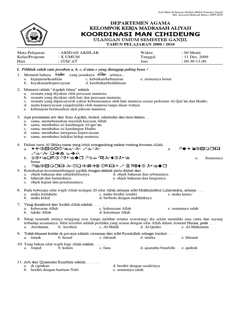 Kisi Kisi Soal Mata Pelajaran Akidah Akhlak Pdf