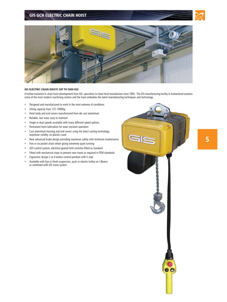 Specification Sheet for GIS GCH Electric Chain Hoists Ranging from