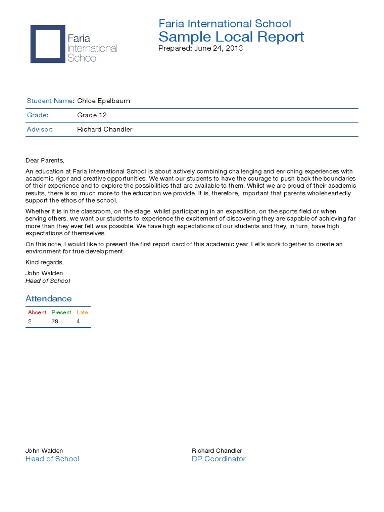 Sample Local Report: Faria International School | PDF | Understanding ...