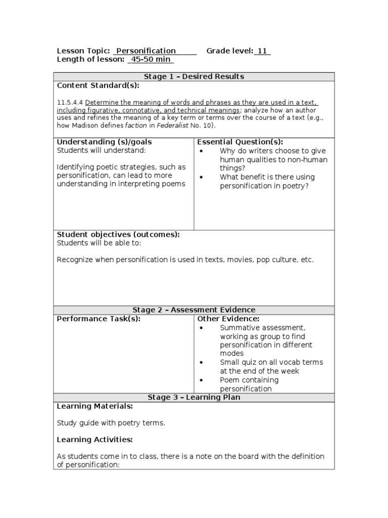 Personification Lesson Plan for 11th Grade | PDF | Anthropomorphism ...