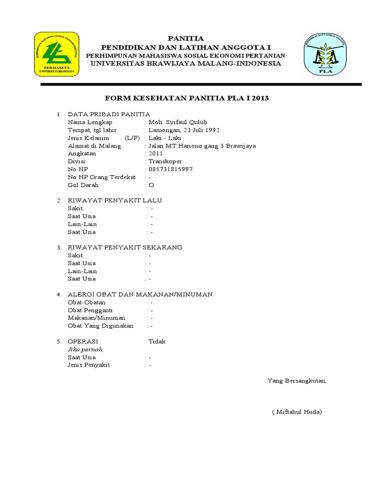 Form Kesehatan Panitia Pla I Syifaul | PDF | Karier & Perkembangan | Bisnis