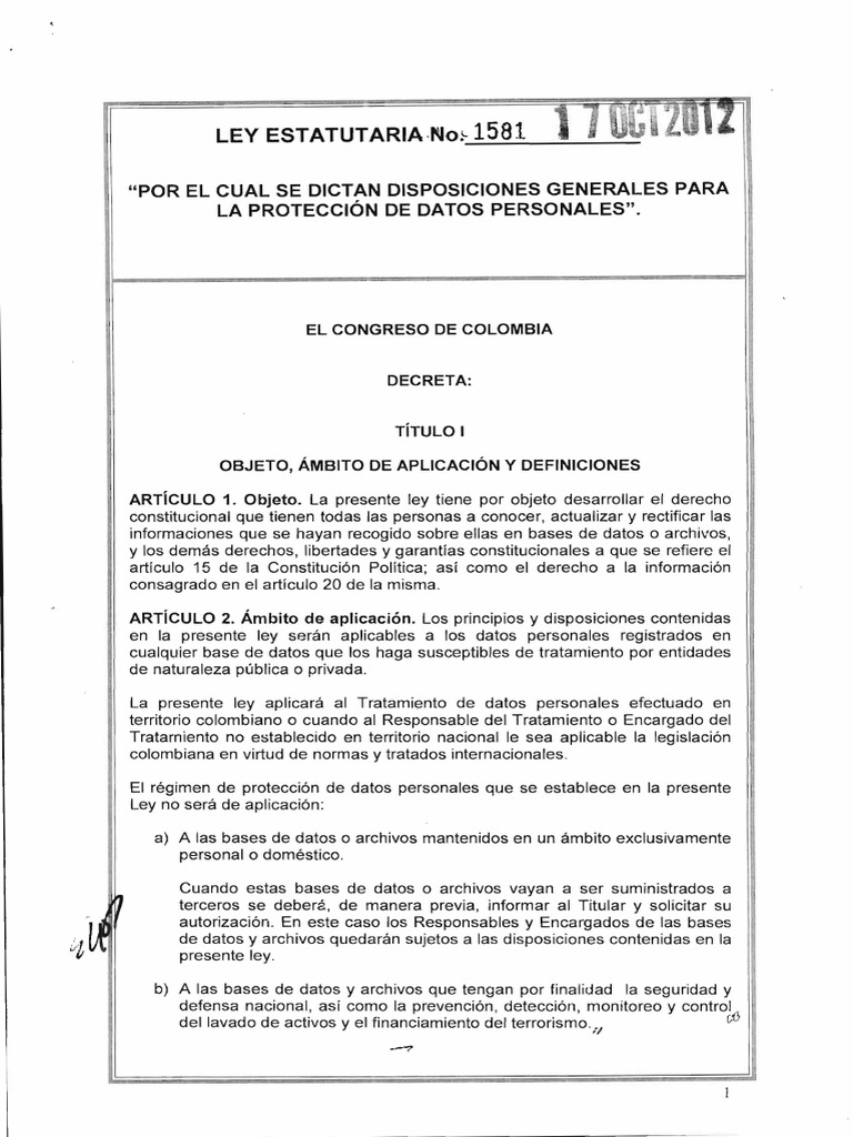 Ley 1581 2012 PROTECCiÓN DE DATOS PERSONALES EN COLOMBIA Privacidad de la información