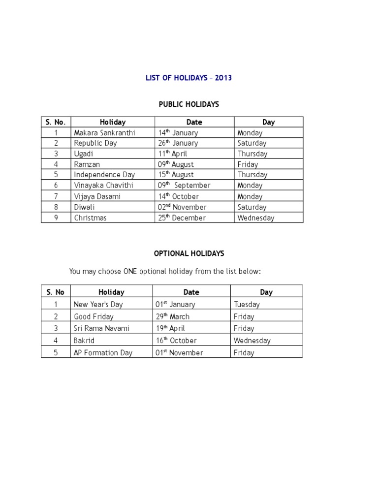 2013 Public and Optional Holidays List | PDF