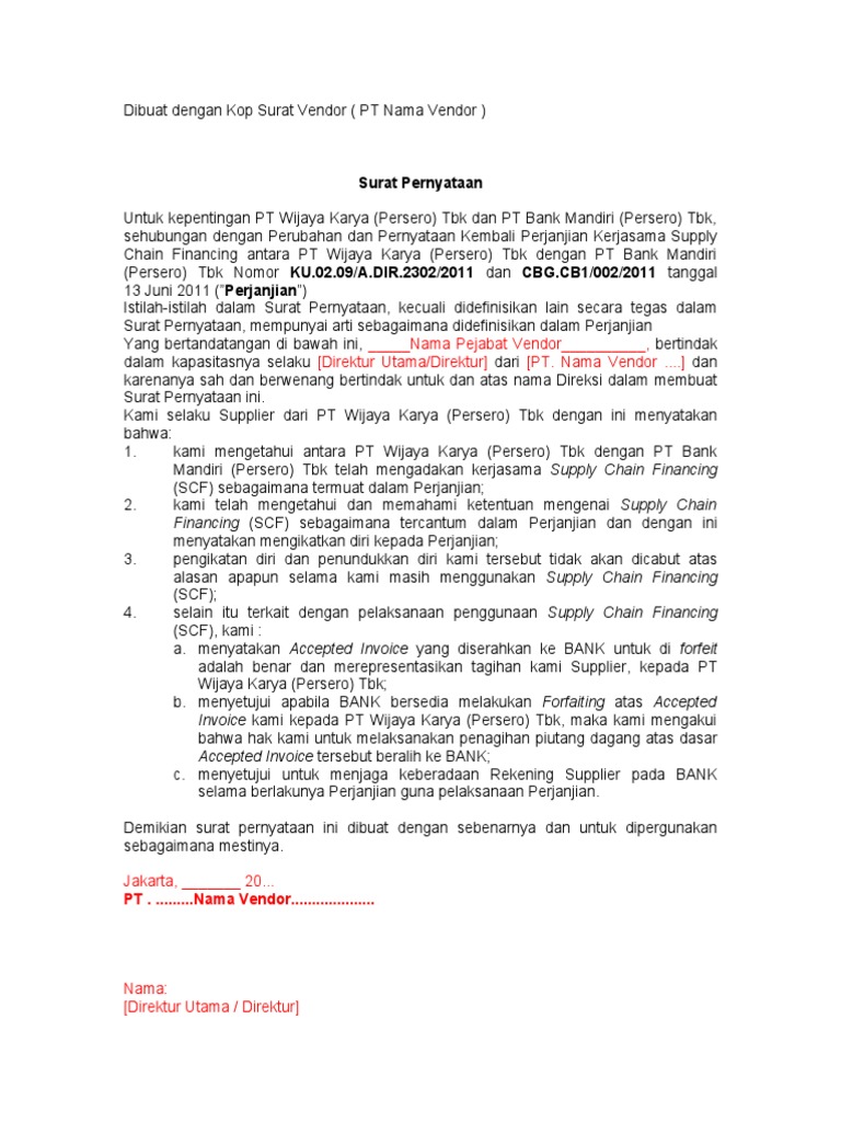 Contoh Surat Pernyataan Vendor