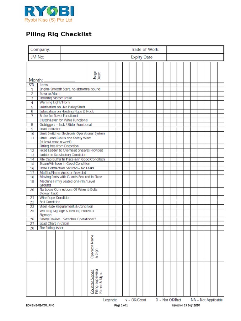 EOHSMS-02-C03 - RV 0 Piling Rig Checklist | PDF | Technology & Engineering