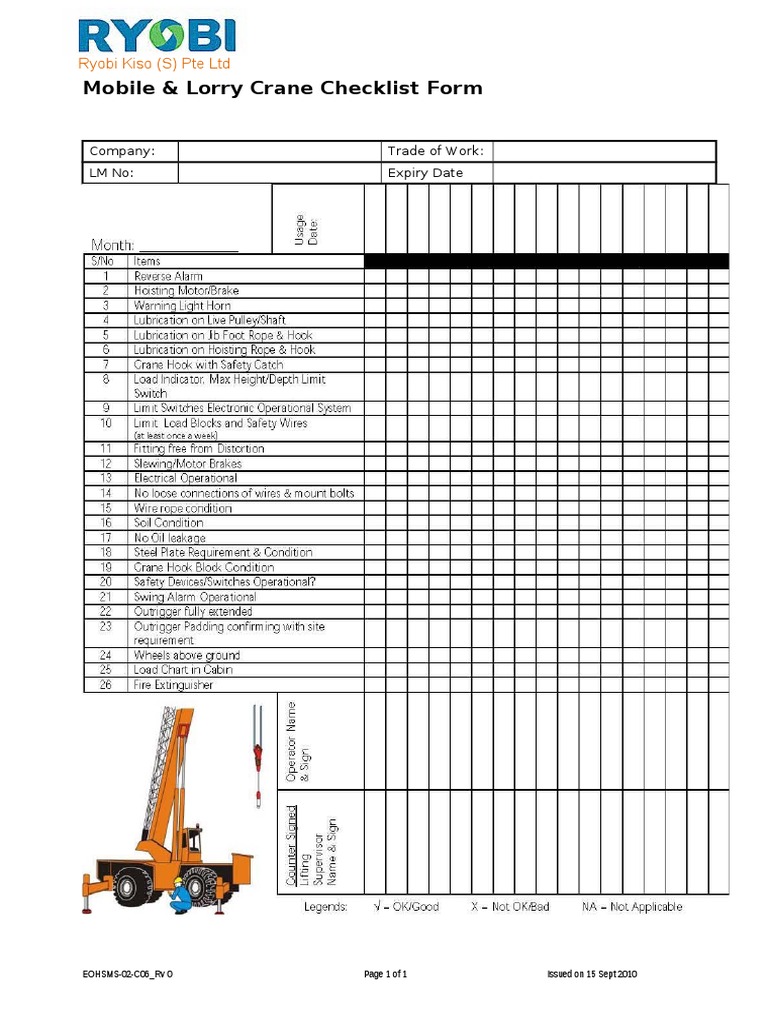 Mobile & Lorry Crane Checklist Form Ryobi Kiso (S) Pte LTD PDF