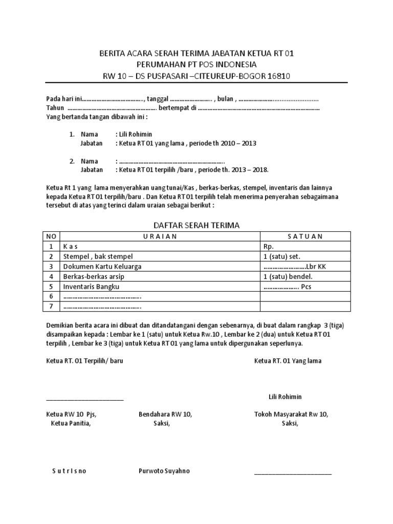 Berita Acara Serah Terima Jabatan Ketua Rt 1