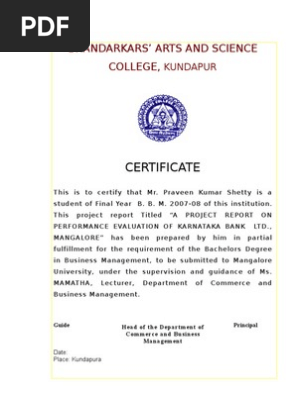 Praveen Kumar Shetty Karnataka Bank Project Pdf Reserve Bank Of India Banks