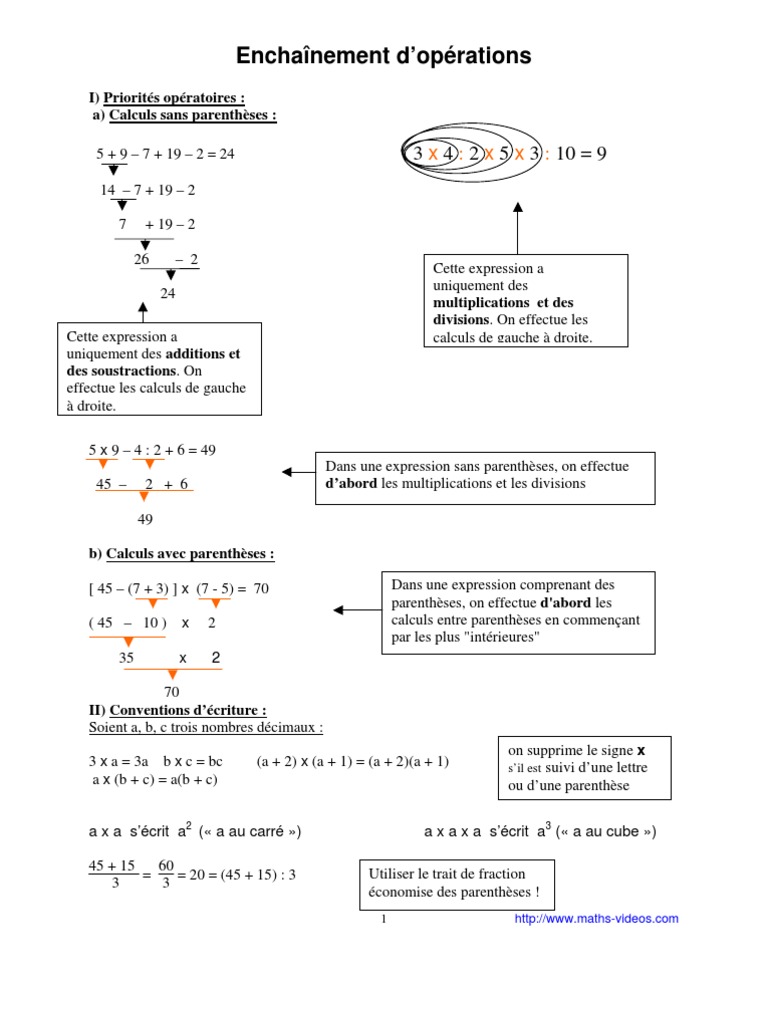 Exercice Enchainement D Opération 5ème Avec Correction Enchaînement D'opérations (5ème) | PDF | Multiplication | Nombre