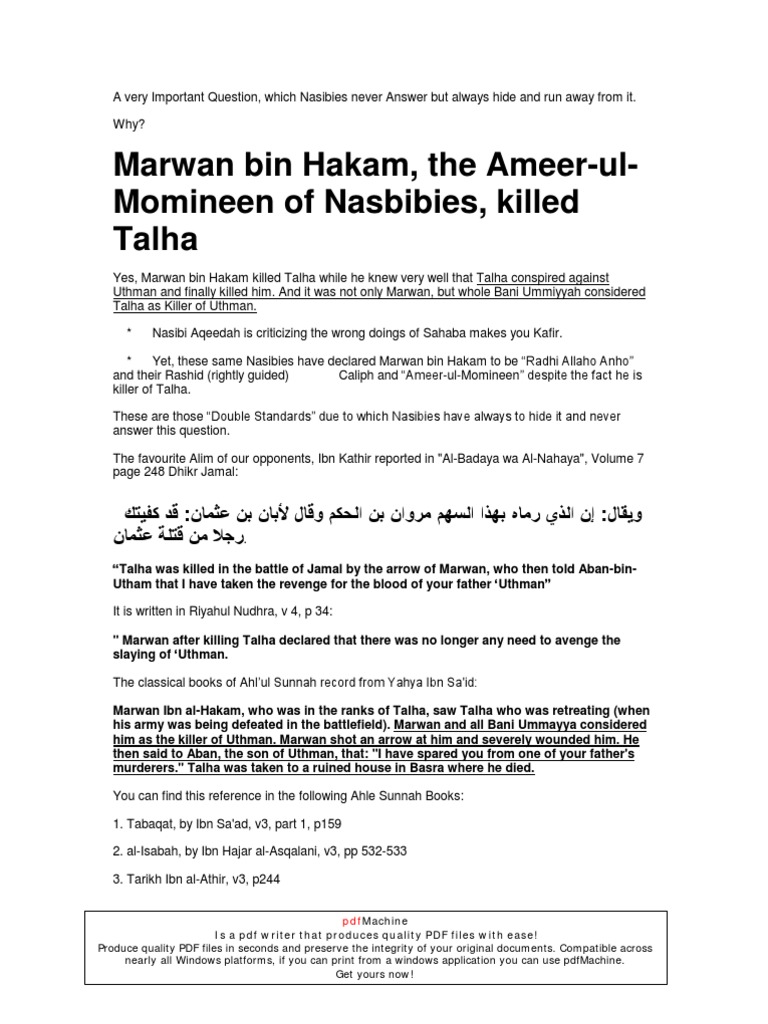 Marwan bin Hakam: Killer of Talha | PDF | Ali | Monotheistic Religions