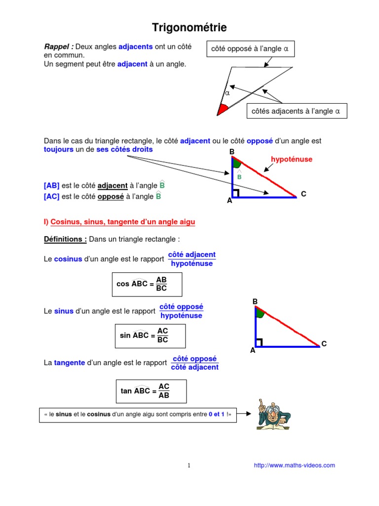 Exercice Math 3eme Cosinus Sinus Tangente Trigonométrie (3ème) | PDF | Fonction trigonométrique | Triangle