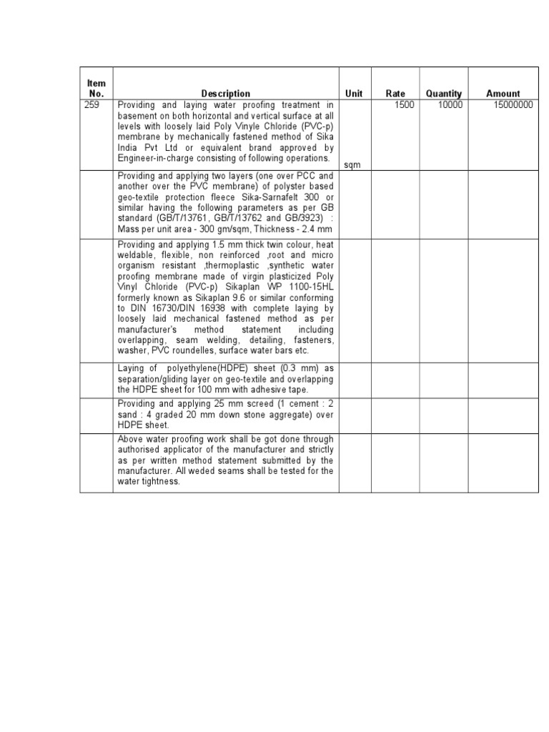 BOQ Item of Waterproofing of Basement PDF Polyvinyl Chloride