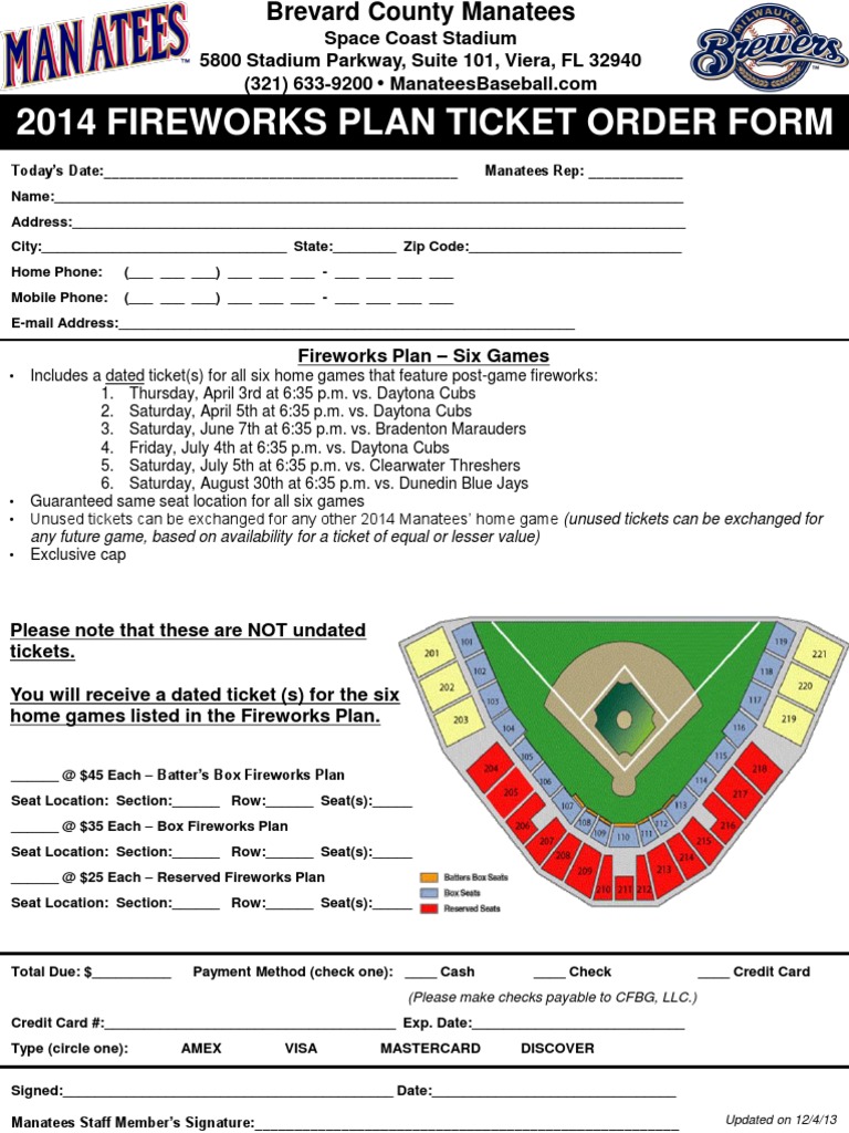 2014 Manatees Fireworks Ticket Order | PDF | Business | Sports & Recreation