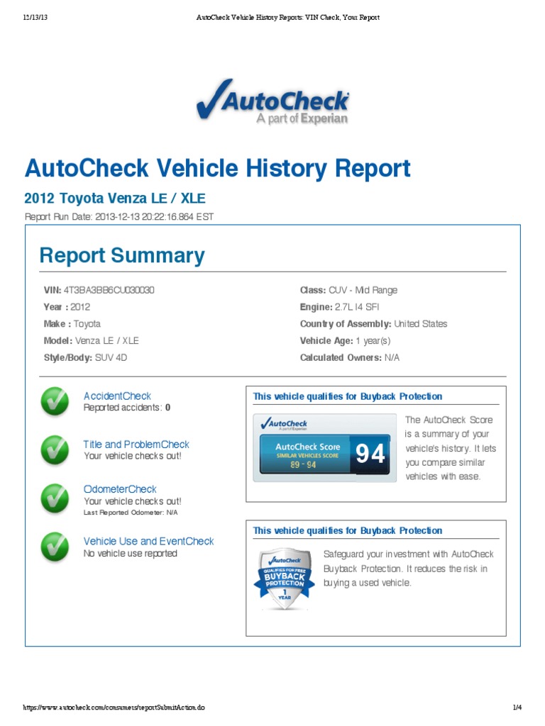 Autocheck Vehicle History Report PDF Automobiles Vehicles