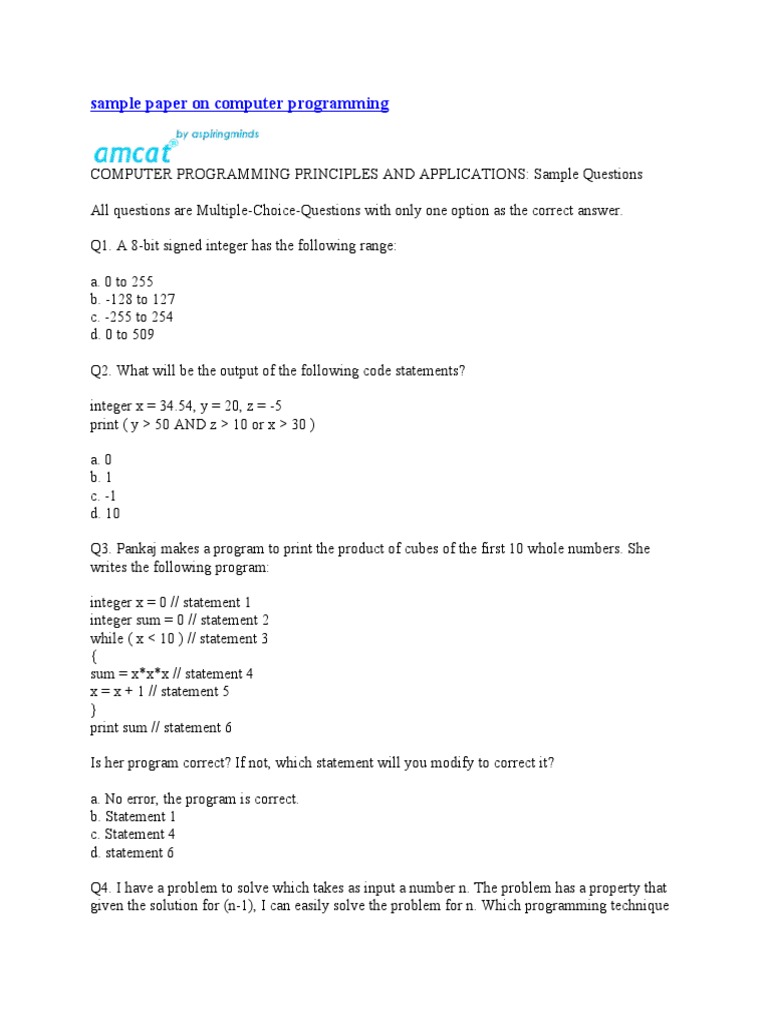 Computer Programming Sample Questions | PDF
