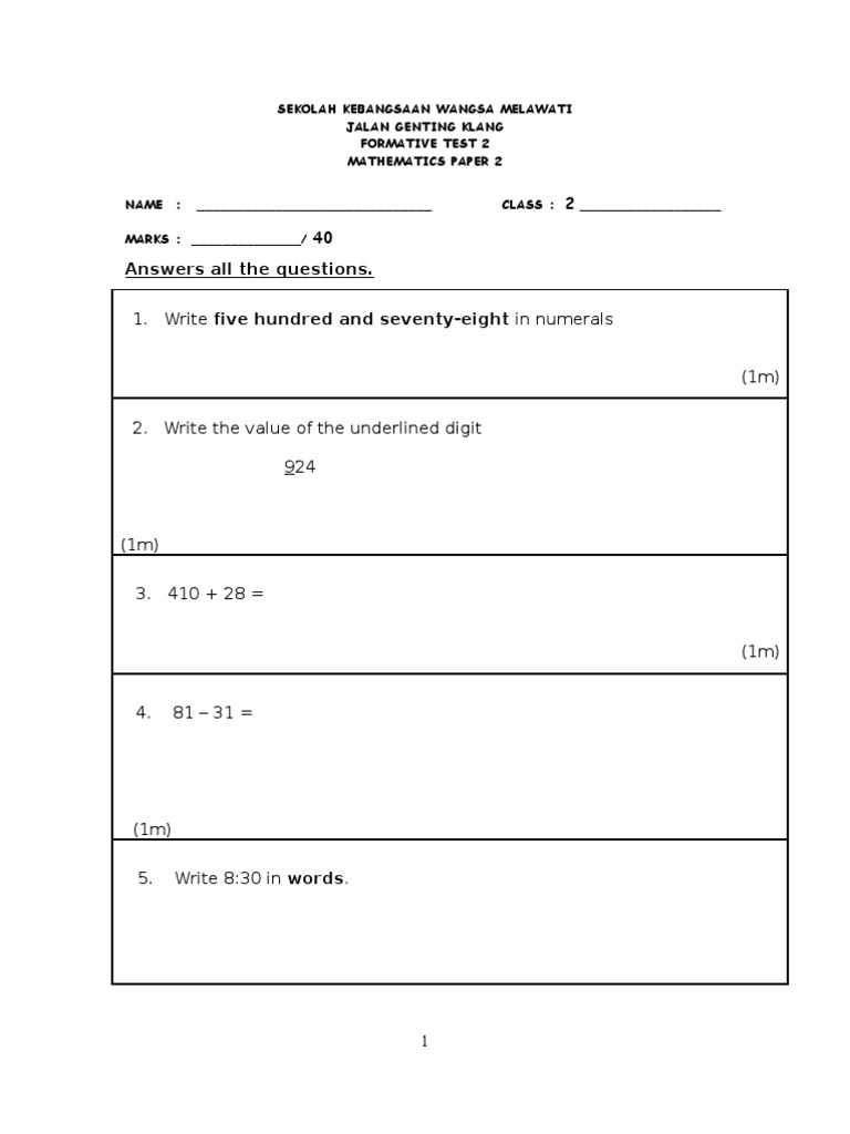 Grade 2 Mathematics Formative Test | PDF | Teaching Mathematics