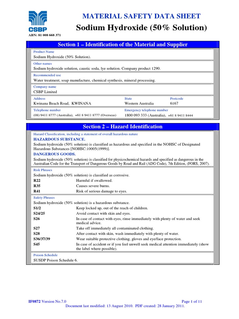 MSDS Sodium Hydroxide (50 Solution) | PDF | Sodium Hydroxide ...