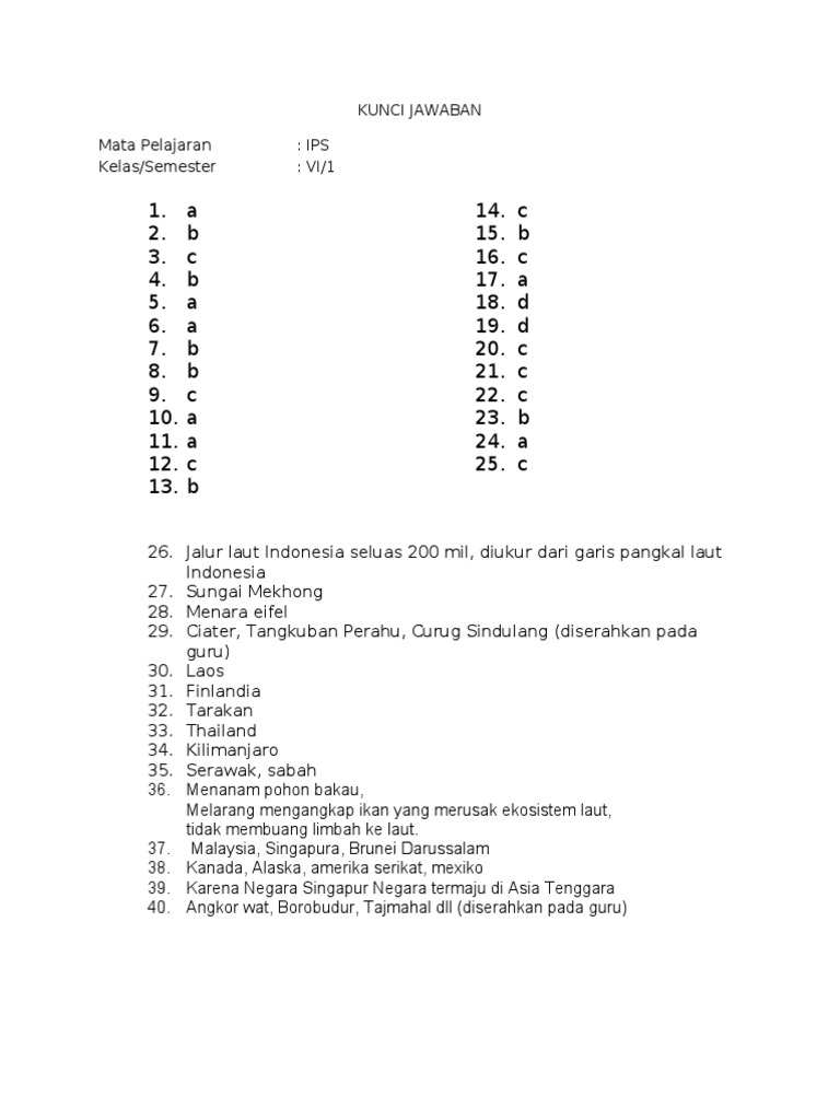 Materi Ips Soal Dan Kunci Jawaban Kelas 6 Semester 2