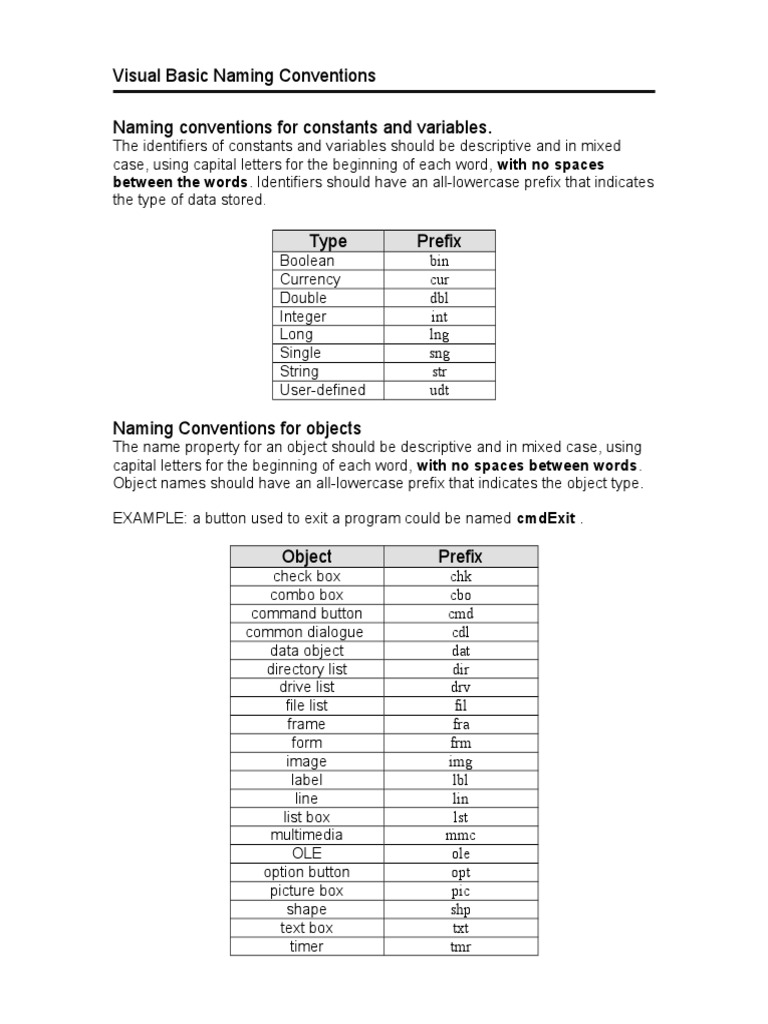 VB Naming Conventions Guide | PDF