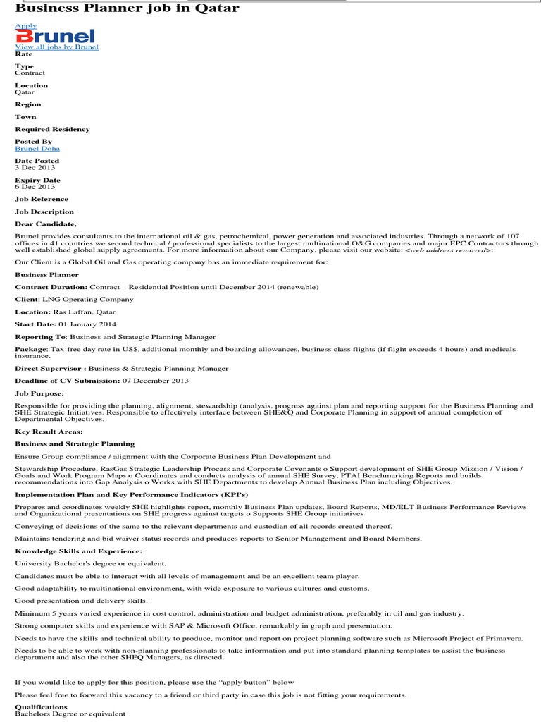 Business Planner Job in Qatar Join Over 700,000 Oil and Gas