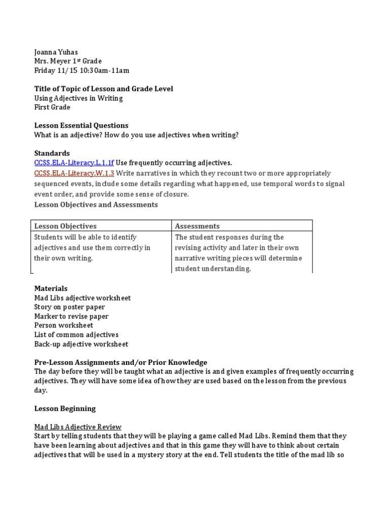 Workbooks identifying adjectives worksheets : adjectives lesson plan | Adjective | Educational Assessment
