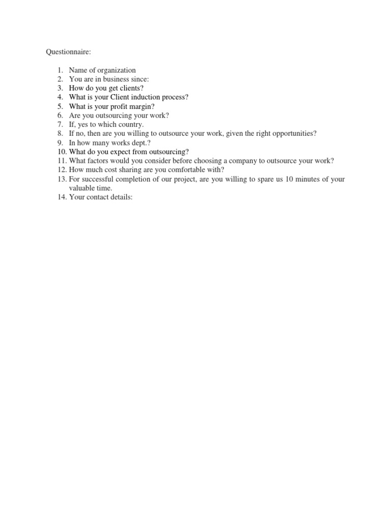 Business Outsourcing Questionnaire | PDF | Career & Growth