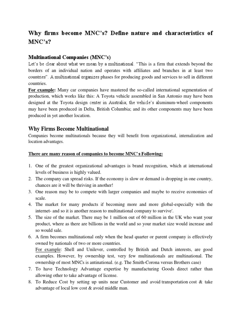 Characteristics and Reasons for MNCs | PDF | Multinational Corporation ...