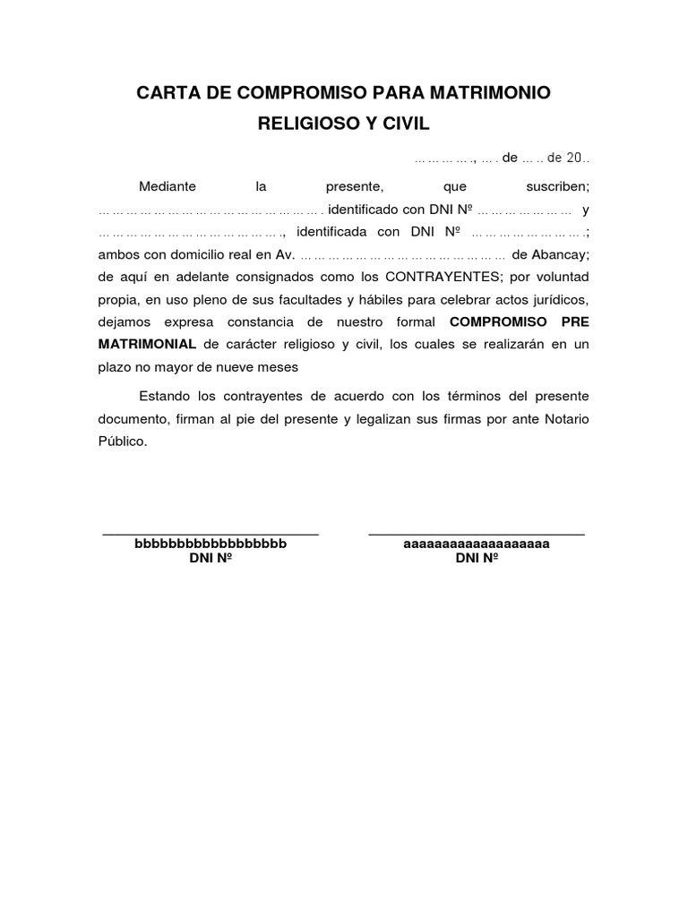 Modelo Acta de Compromiso Para Matrimonio Religioso y Civil