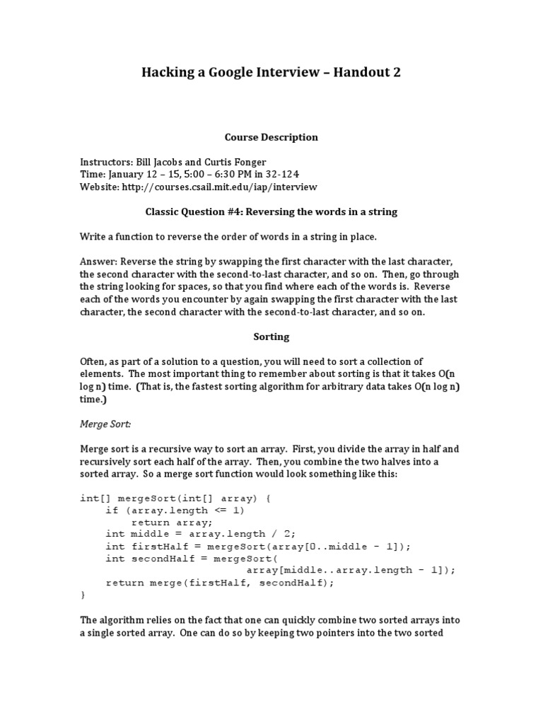 Hacking A Google Interview Handout 2 | PDF | Language Arts & Discipline ...