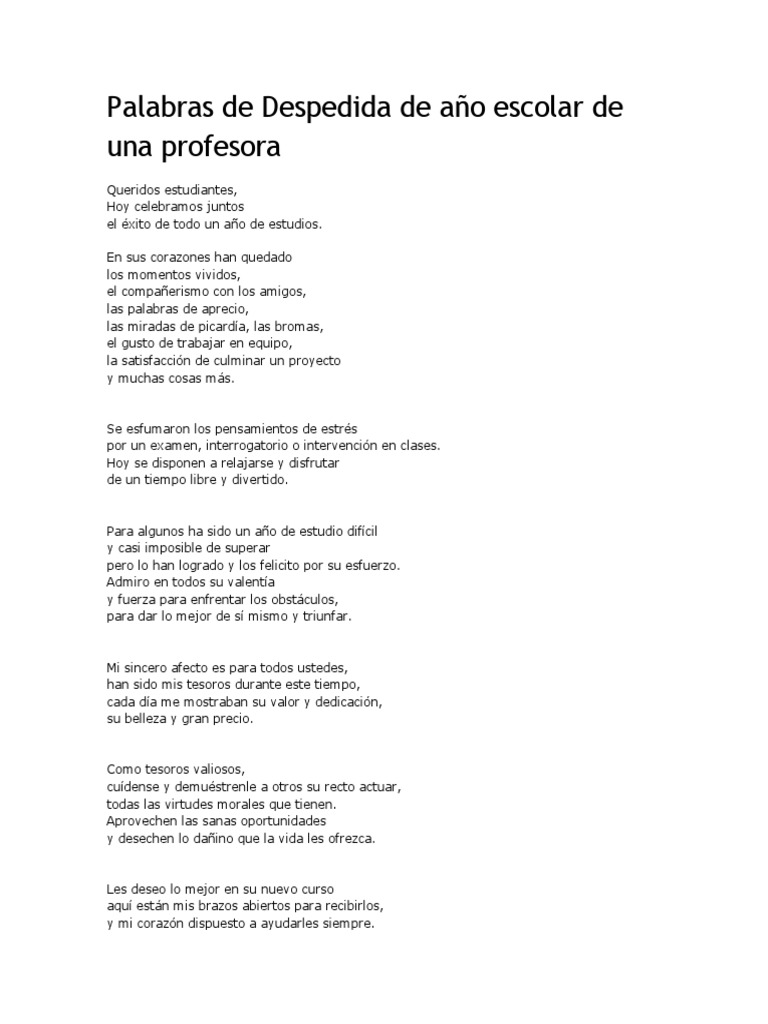 Palabras de Despedida de Año Escolar de Una Profesora PDF Educación