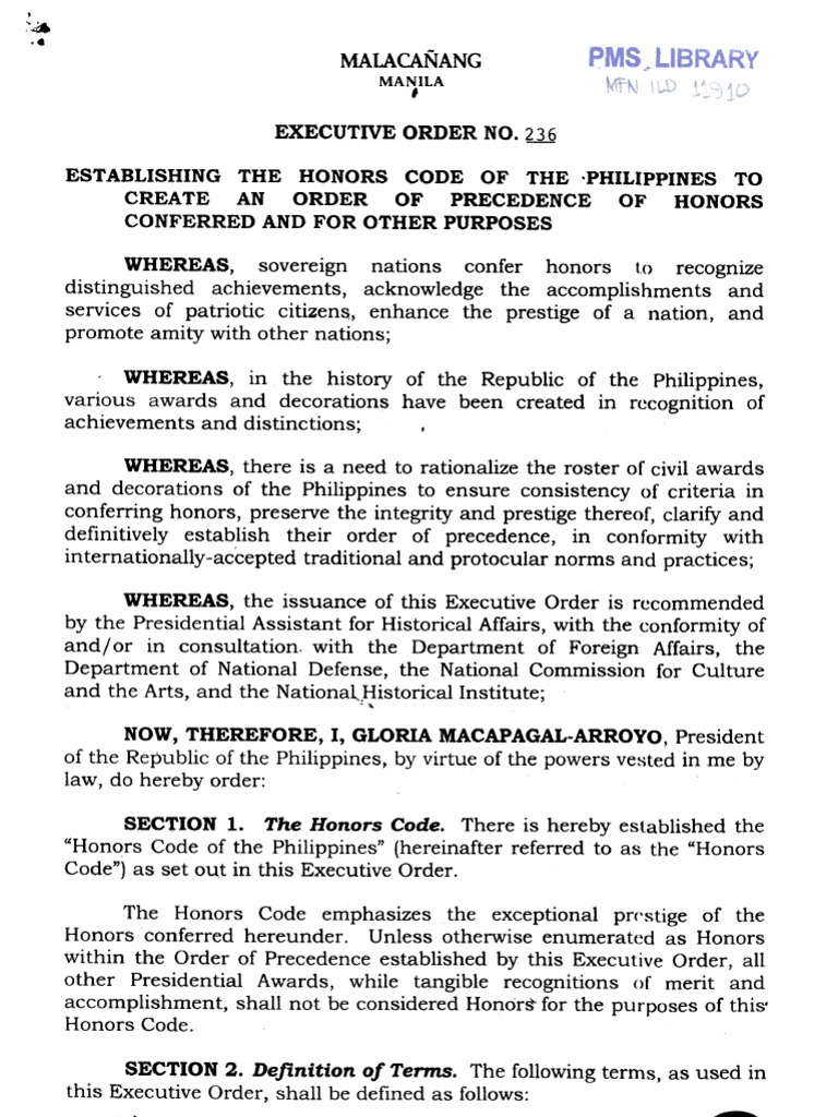 Executive Order 236 Honors Code of the Philippines original text