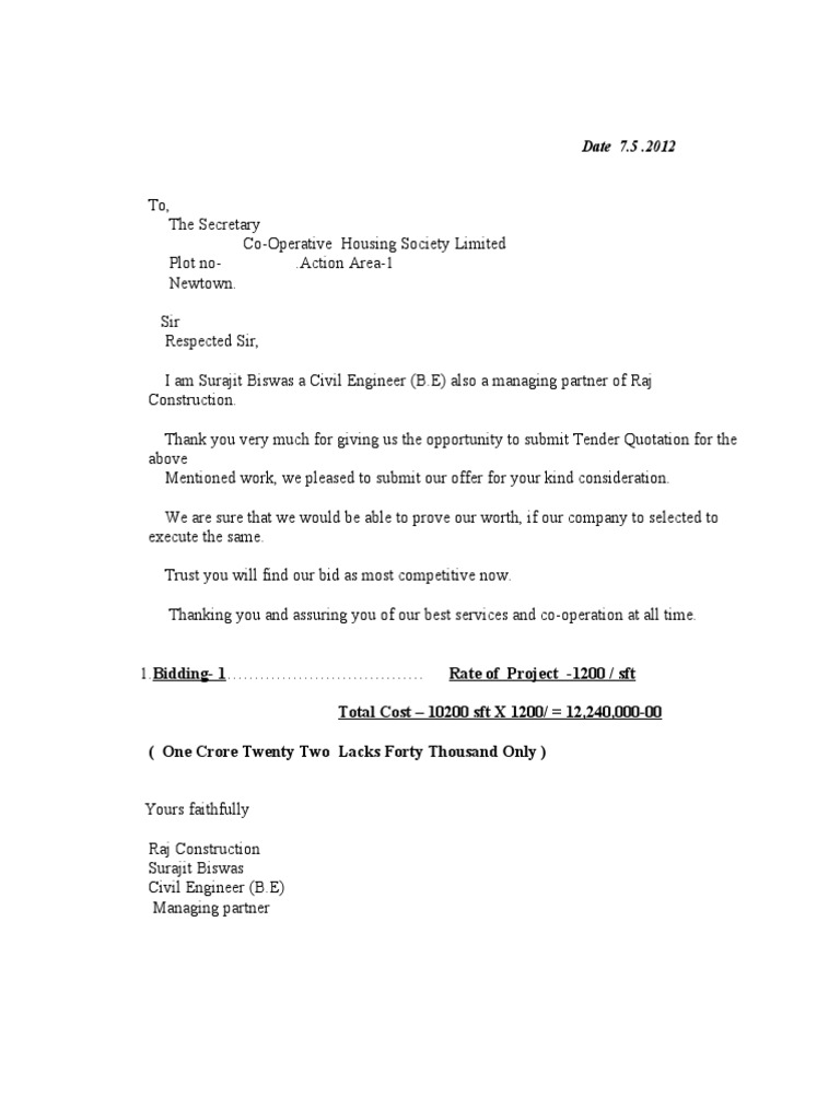 Tender Quotation for Construction Services | PDF