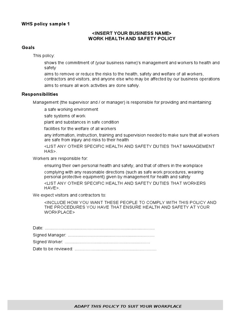 Work Health and Safety Policy Template | PDF | Occupational Safety And ...